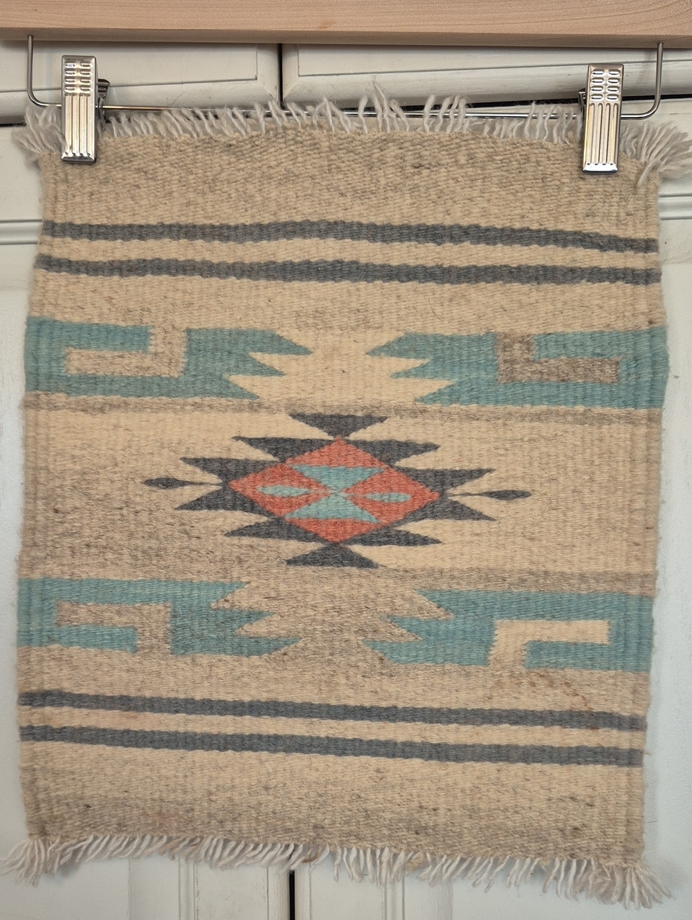 Southwestern Woven Wool Wall Hanging with Teal & Coral Motif